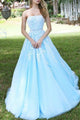 Chic A-line Strapless Floor Length Sleeveless Appliques Long Tulle Prom Dress/Evening Dress OHC229 | Cathyprom