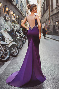 Sexy Trumpet/Mermaid Scoop Sweep Train Sleeveless Long Cheap Prom Dress Satin Evening Dress OHC228 | Cathyprom