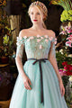 A-line Off-the-shoulder Sweep/Brush Train Long Sleeves Beading Appliques Long Tulle Prom Dress OHC139 | Cathyprom