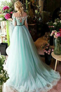 A-line Off-the-shoulder Sweep/Brush Train Long Sleeves Beading Appliques Long Tulle Prom Dress OHC139 | Cathyprom