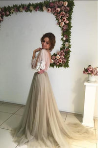 3/4 Sleeves Sexy Cheap Scoop Sweep Train Appliques Long Tulle Prom Dress Evening Dress OHC197 | Cathyprom