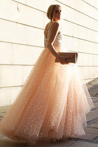 Sparkly A-line Straps Floor Length Sleeveless Tulle Beading Long Prom Dress Evening Dress OHC108 | Cathyprom