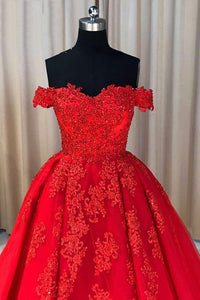 Ball Cown Off-the-shoulder Sweep Train Short Sleeves Appliques Long Red Tulle Prom Dress OHC129 | Cathyprom