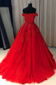 Ball Cown Off-the-shoulder Sweep Train Short Sleeves Appliques Long Red Tulle Prom Dress OHC129 | Cathyprom