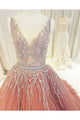 Sparkly Ball Gown V Neck Straps Sweep Train Sleeveless Rhinestone Long Tulle Prom Dress Evening Dress OHC194 | Cathyprom