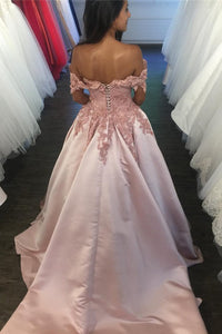 Sexy Ball Gown Off-the-shoulder Appliques Long Satin Prom Dresses Chic Evening Dress OHC215 | Cathyprom