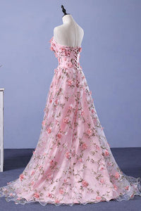 A-line Sweetheart Sweep Train Sleeveless Floral Print Long Tulle  Prom Dress OHC138 | Cathyprom