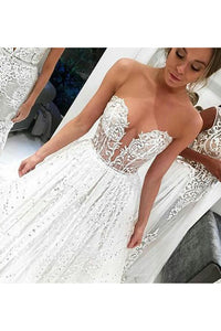 Sparkly Bateau A-line Sweep Train Sleeveless Long Tulle Prom Dress Wedding Dress with Lace Applique OHD153 | Cathyprom