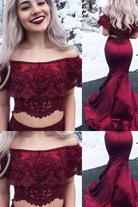 Two Piece Mermaid Off-the-shoulder Floor Length Sleeveless Lace Long Burgundy Satin Prom Dresses OHC223 | Cathyprom