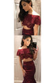 Two Piece Mermaid Off-the-shoulder Floor Length Sleeveless Lace Long Burgundy Satin Prom Dresses OHC223 | Cathyprom