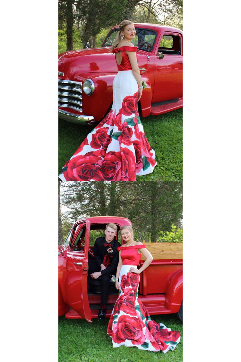 Two Piece Prom Dresses Mermaid Floral Print Long Sleeveless Satin Prom –  cathyprom