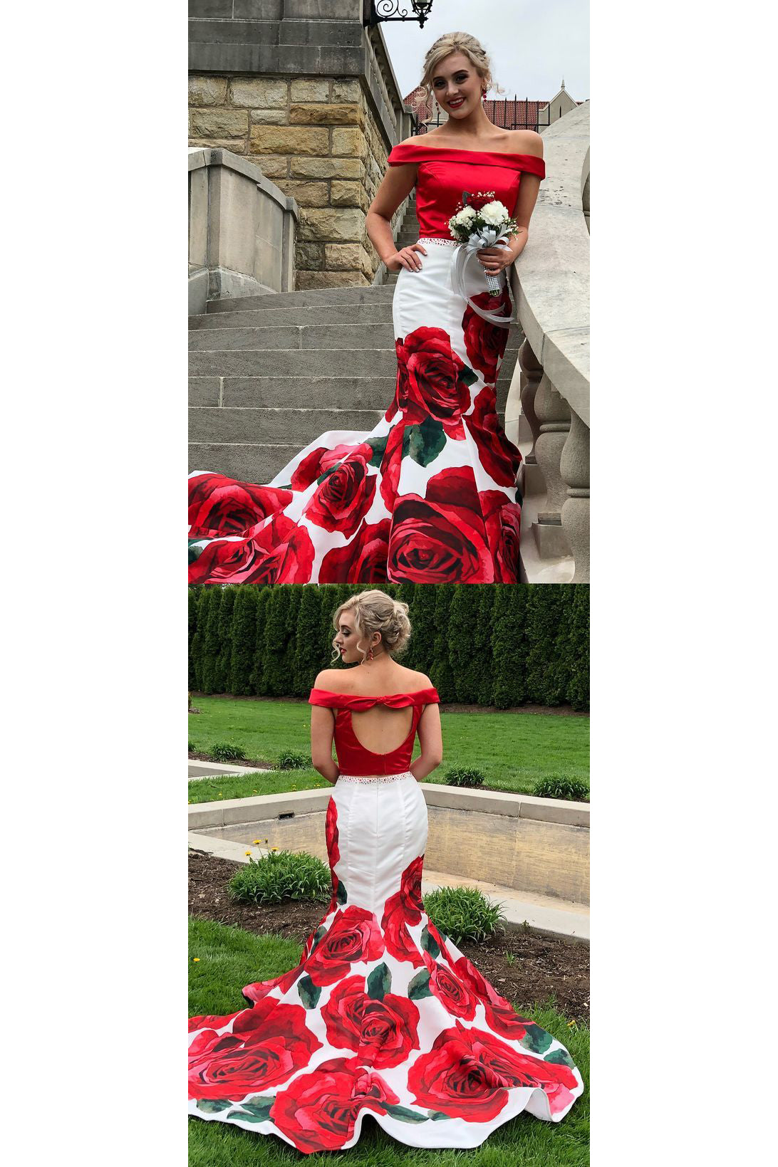 Two Piece Prom Dresses Mermaid Floral Print Long Sleeveless Satin Prom cathyprom Two Piece Prom Dresses Mermaid Floral Print Long Sleeveless Satin Prom cathyprom