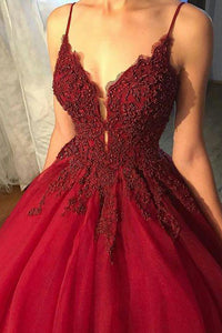 Ball Gown Spaghetti Straps Floor Length Sleeveless Beading Long Burgundy Tulle Prom Dress OHC222 | Cathyprom