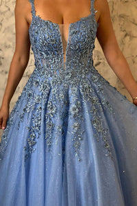 Modest A Line Spaghetti Straps Sleeveless Appliques Beading Long Blue Tulle Prom Dress OHC306 | Cathyprom