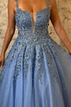 Modest A Line Spaghetti Straps Sleeveless Appliques Beading Long Blue Tulle Prom Dress OHC306 | Cathyprom