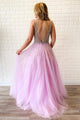 Modest Sexy A-Line Deep V-Neck Sweep Train Sleeveless Beaded Long Tulle Prom Dress OHC305 | Cathyprom