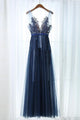Chic Prom Dresses A-line Dark Navy Sleeveless Appliques Long Tulle Prom Dress/Evening Dress OHC301 | Cathyprom