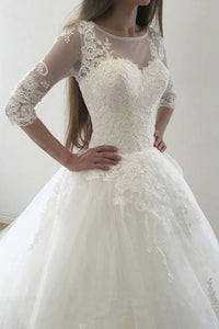Chic Ball Gown Scoop Sweep Train Half Sleeves Tulle Wedding Dresses Bridal Gown OHD130 | Cathyprom
