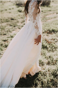 Chic A Line Scoop Floor Length Long Sleeve Floor-length Chiffon Bridal Gown Wedding Dresses OHD134 | Cathyprom