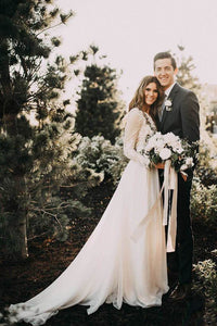 Chic A Line Scoop Floor Length Long Sleeve Floor-length Chiffon Bridal Gown Wedding Dresses OHD134 | Cathyprom