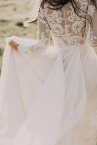 Chic A Line Scoop Floor Length Long Sleeve Floor-length Chiffon Bridal Gown Wedding Dresses OHD134 | Cathyprom