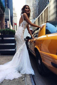 Sexy Chic Wedding Dresses Straps Appliques Sweep/Brush Train Backless Bridal Gown OHD220
