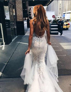 Sexy Chic Wedding Dresses Straps Appliques Sweep/Brush Train Backless Bridal Gown OHD220