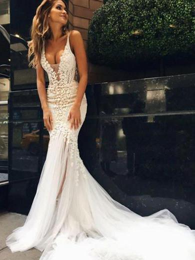 Sexy Chic Wedding Dresses Straps Appliques Sweep/Brush Train Backless – cathyprom Sexy Chic Wedding Dresses Straps Appliques Sweep/Brush Train Backless – cathyprom
