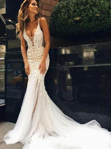 Sexy Chic Wedding Dresses Straps Appliques Sweep/Brush Train Backless Bridal Gown OHD220