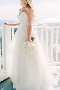 Beautiful A Line Spaghetti Straps Sweep Train Sleeveless Long Tulle Bridal Gown Wedding Dresses OHD167 | Cathyprom