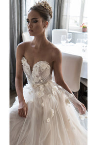 Beautiful A-line Scoop Floor Length Sleeveless Hand-Made Flower Beading Tulle Bridal Gown Wedding Dress OHD143 | Cathyprom