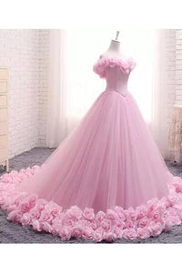 Ball Gown Off-the-shoulder Sweep Train Sleeveless Hand-Made Flower Long Tulle Bridal Gown Wedding Dresses OHD150 | Cathyprom