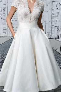 Simple V-neck Tea-length Vintage Short Bridal Gown Wedding Dresses with Lace Ruffles OHD142 | Cathyprom