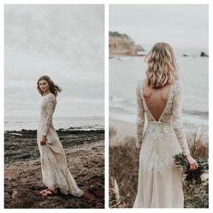 Long Sleeve Wedding Dresses Aline Backless Lace Open Back Beach Bridal Gown OHD208