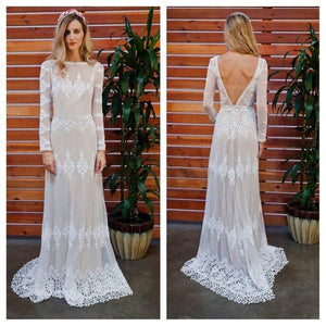 Long Sleeve Wedding Dresses Aline Backless Lace Open Back Beach Bridal Gown OHD208