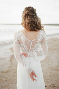 Beautiful A Line Bateau Sweep Train Long Sleeves Romantic Tulle Beach Bridal Gown Wedding Dresses OHD156 | Cathyprom