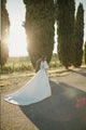 Beautiful A Line Bateau Sweep Train Romantic Half Sleeves Satin Wedding Dress Bridal Gown Embroidery OHD141 | Cathyprom