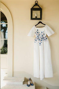 Beautiful A Line Bateau Sweep Train Romantic Half Sleeves Satin Wedding Dress Bridal Gown Embroidery OHD141 | Cathyprom
