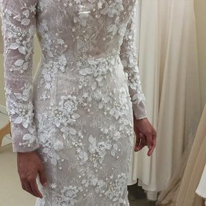 Lace Wedding Dresses Bateau Mermaid Long Sleeve Sparkly Romantic Bridal Gown OHD205