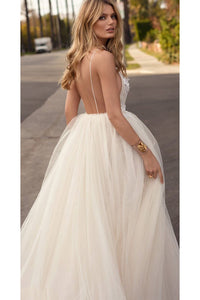  A-line Spaghetti Straps Floor Length Sleeveless Backless Romantic Tulle Bridal Gown Wedding Dresses OHD157 | Cathyprom