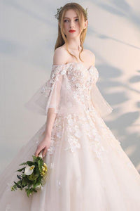 Chic Ball Gown Off-the-shoulder Sweep Train Half Sleeves Long Tulle Bridal Gown Wedding Dresses OHD158 | Cathyprom