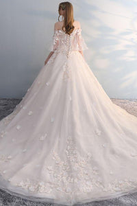 Chic Ball Gown Off-the-shoulder Sweep Train Half Sleeves Long Tulle Bridal Gown Wedding Dresses OHD158 | Cathyprom