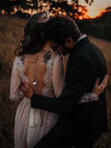 Long Sleeve Wedding Dresses V-neck Long Train Polka Dot Lace Open Back Boho Bridal Gown OHD216