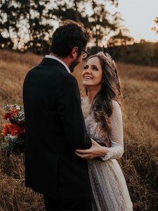 Long Sleeve Wedding Dresses V-neck Long Train Polka Dot Lace Open Back Boho Bridal Gown OHD216