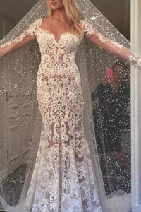 Long Sleeve Wedding Dresses Mermaid Button Back Long Train Lace Luxury Bridal Gown OHD215