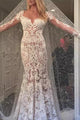 Long Sleeve Wedding Dresses Mermaid Button Back Long Train Lace Luxury Bridal Gown OHD215
