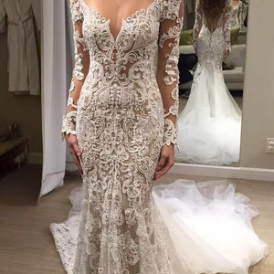 Long Sleeve Wedding Dresses Mermaid Button Back Long Train Lace Luxury Bridal Gown OHD215