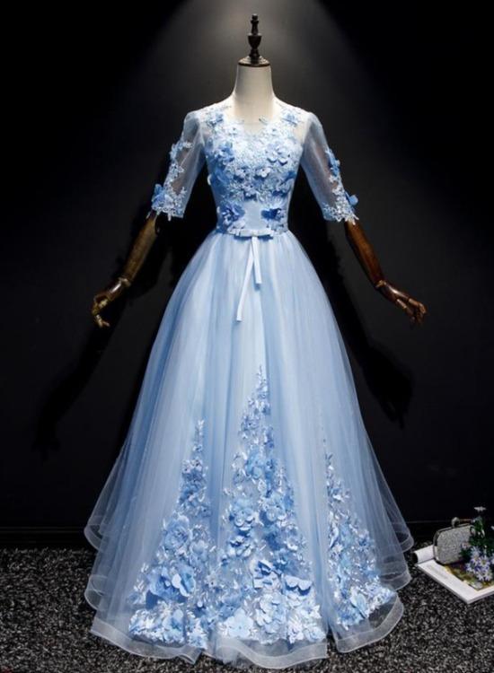 Light Blue Short Sleeves Long Prom Dress With Lace, Evening Dresses YZ cathyprom Light Blue Short Sleeves Long Prom Dress With Lace, Evening Dresses YZ cathyprom