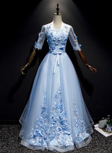Light Blue Short Sleeves Long Prom Dress With Lace, Evening Dresses YZ211042