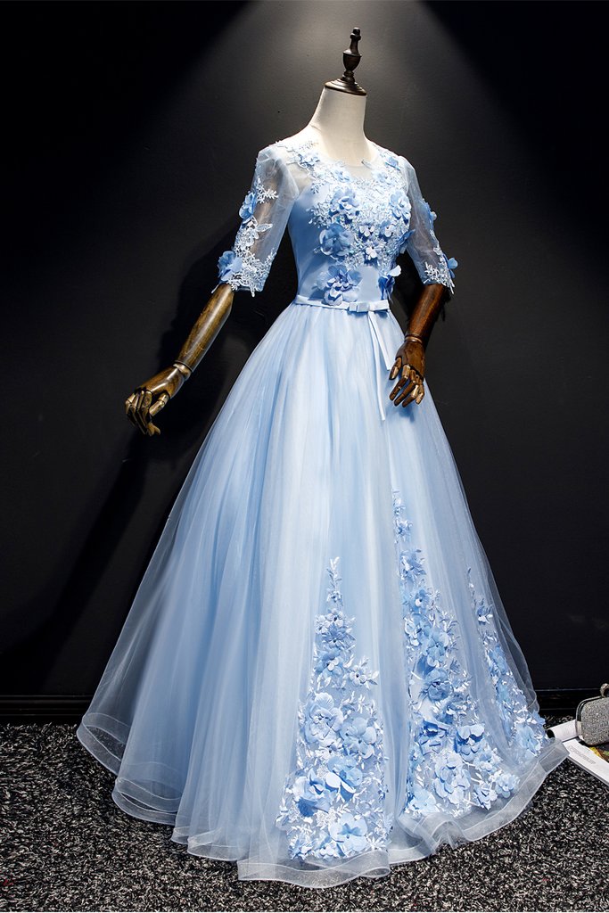Light Blue Short Sleeves Long Prom Dress With Lace, Evening Dresses YZ cathyprom Light Blue Short Sleeves Long Prom Dress With Lace, Evening Dresses YZ cathyprom